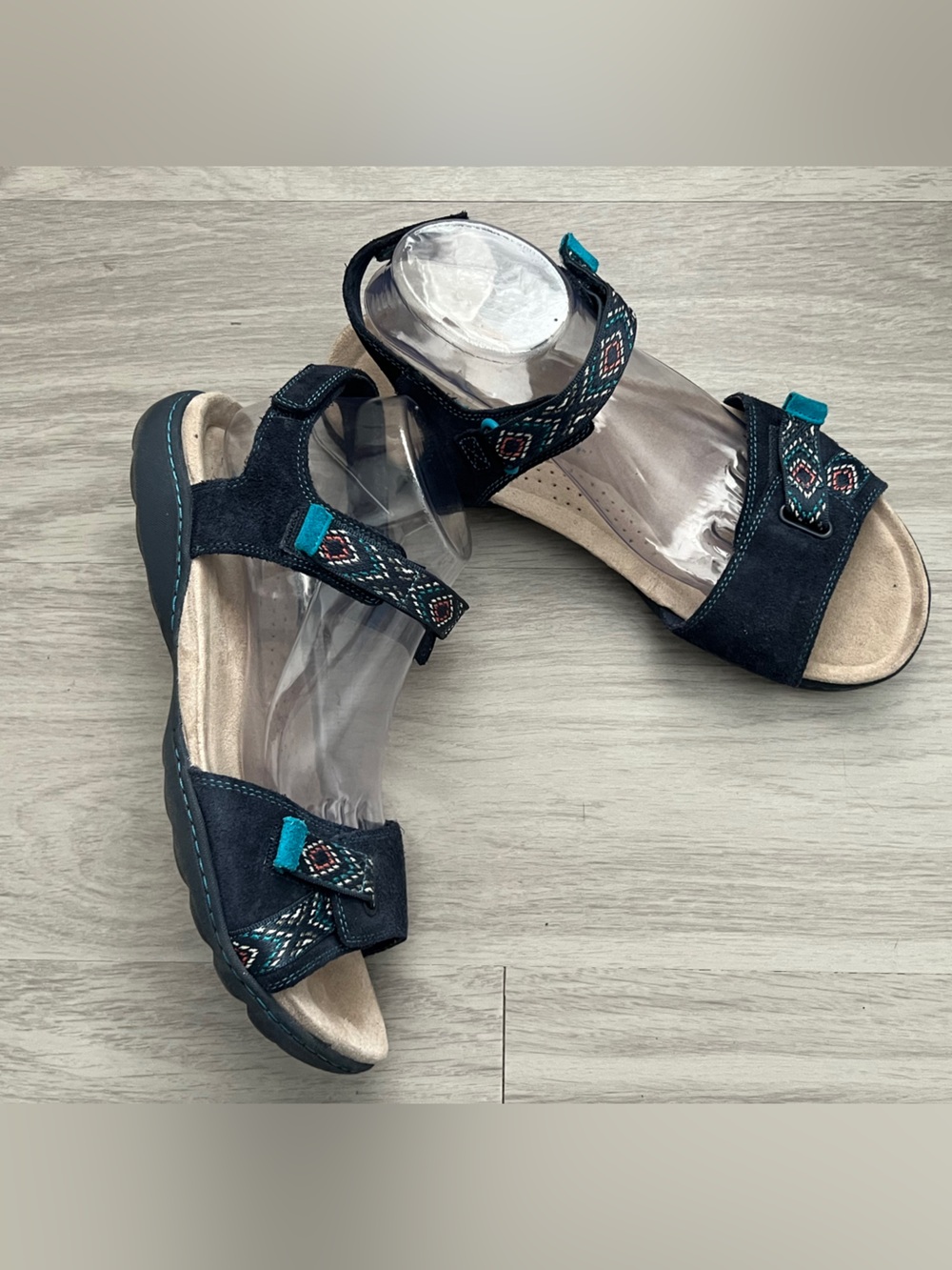 Clarks Women’s 11W Navy Suede Adjustable Comfort Walking Sandals Teal
